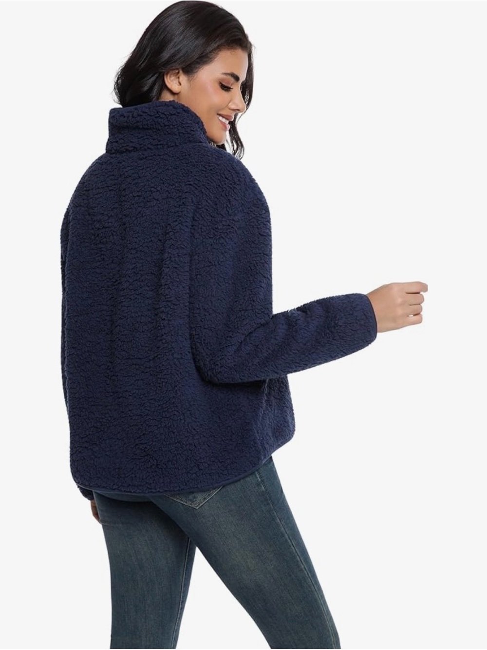 Women’s Cozy Navy Teddy Zip-Up Jacket - Picture 3 of 6
